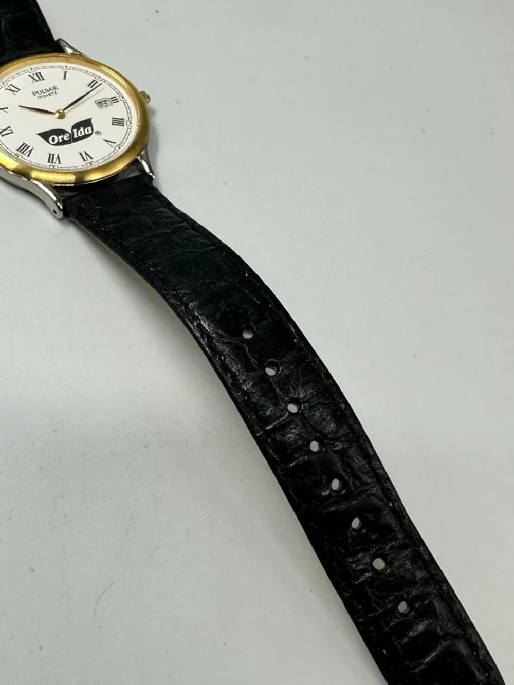 Vintage Pulsar Watch Men Gold Tone Ore Ida Logo Black Leather Band